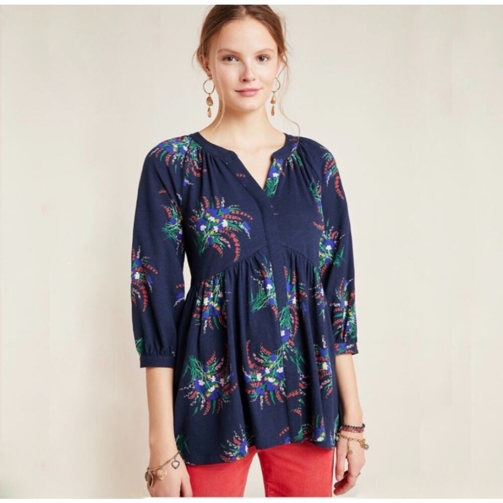 Maeve Anthropologie Navy Winona Babydoll Top